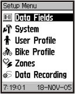 GARMIN Edge 305 setup menu