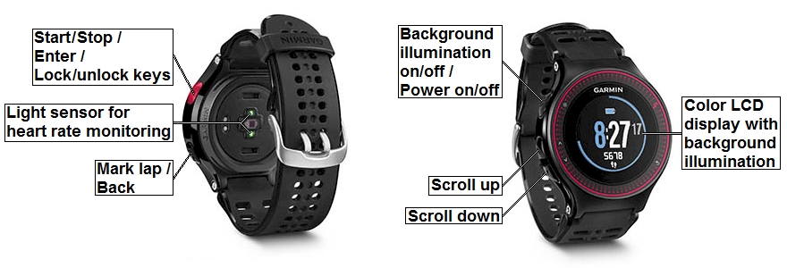 Buttons and connectors of the GARMIN Forerunner 225