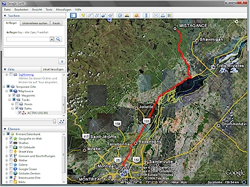 MapSource track of a trip from Montreal to La Mauricie National Park in Canada viewed in Google Earth
