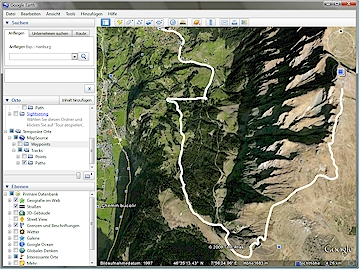 MapSource track of the Lauberhorn downhill race track viewed in Google Earth