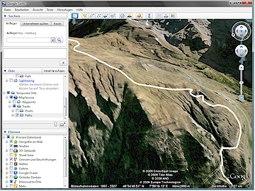 MapSource track of the Lauberhorn downhill race track viewed in Google Earth (enlarged detail)